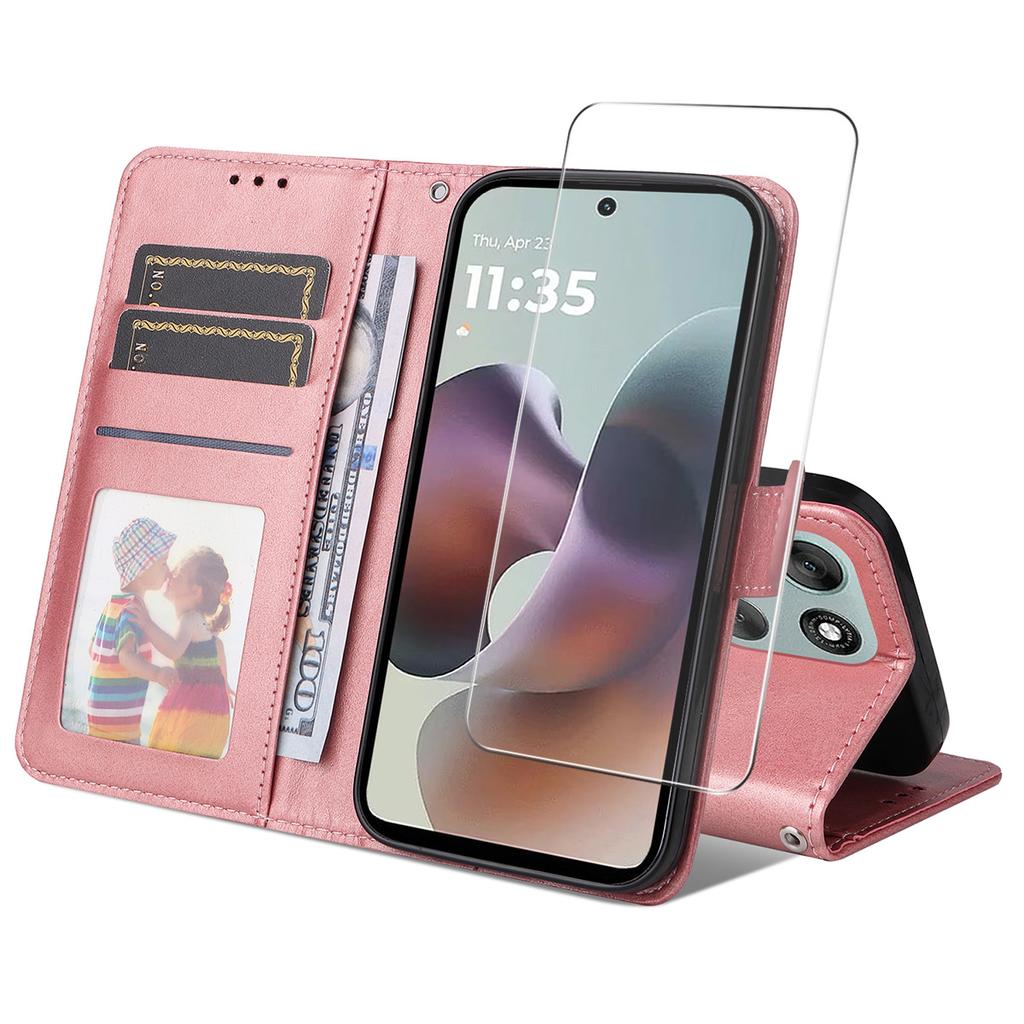 For Motorola Moto G66j 5G/Motorola Moto G66y 5G/Motorola Moto G56 5G PU Leather Wallet Case Phone Stand Cover with Tempered Glass