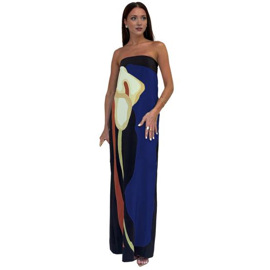 Women Maxi Dress Off Shoulder Sleeveless Backless Color Matching Print Slim Fit Straight Bandeau Anti-slip Prom
