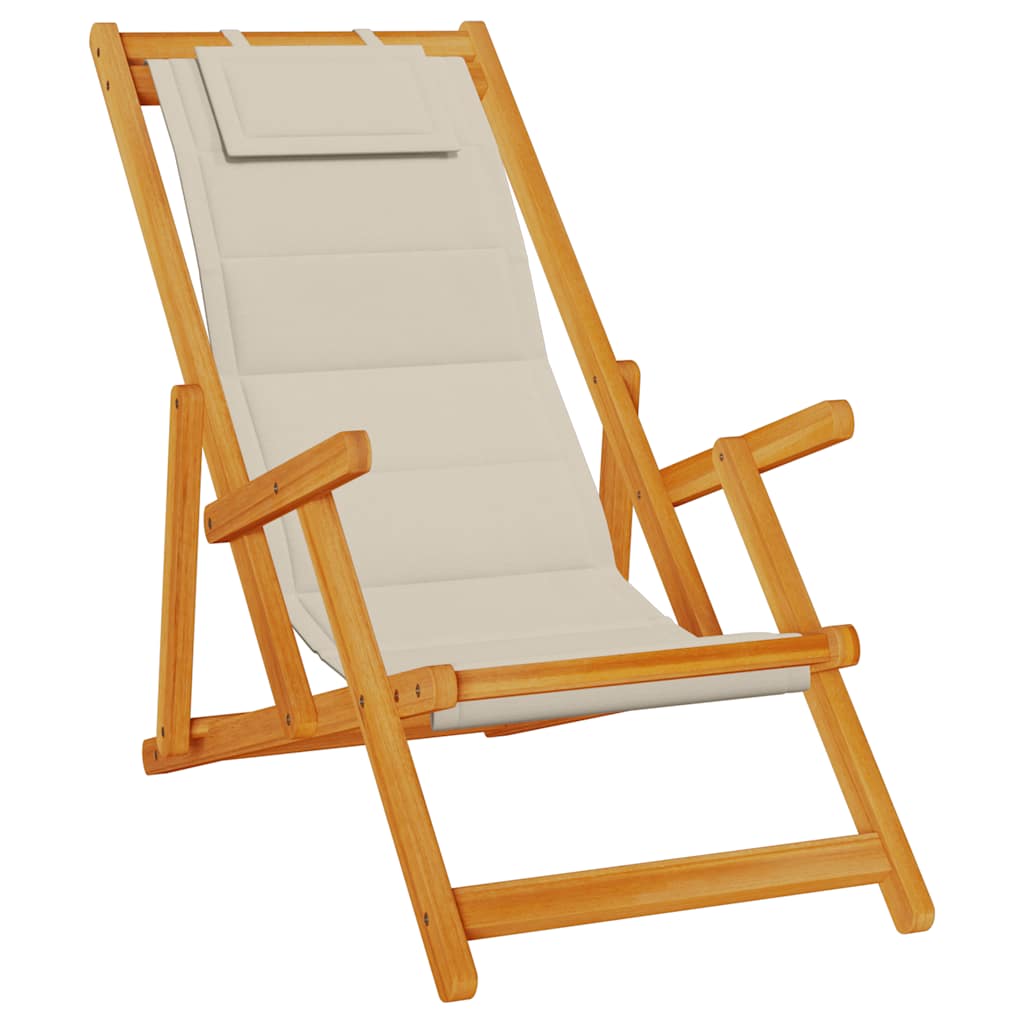 Folding Beach Chair with Armrests Taupe Color Acacia Wood Frame & Textilene Seat