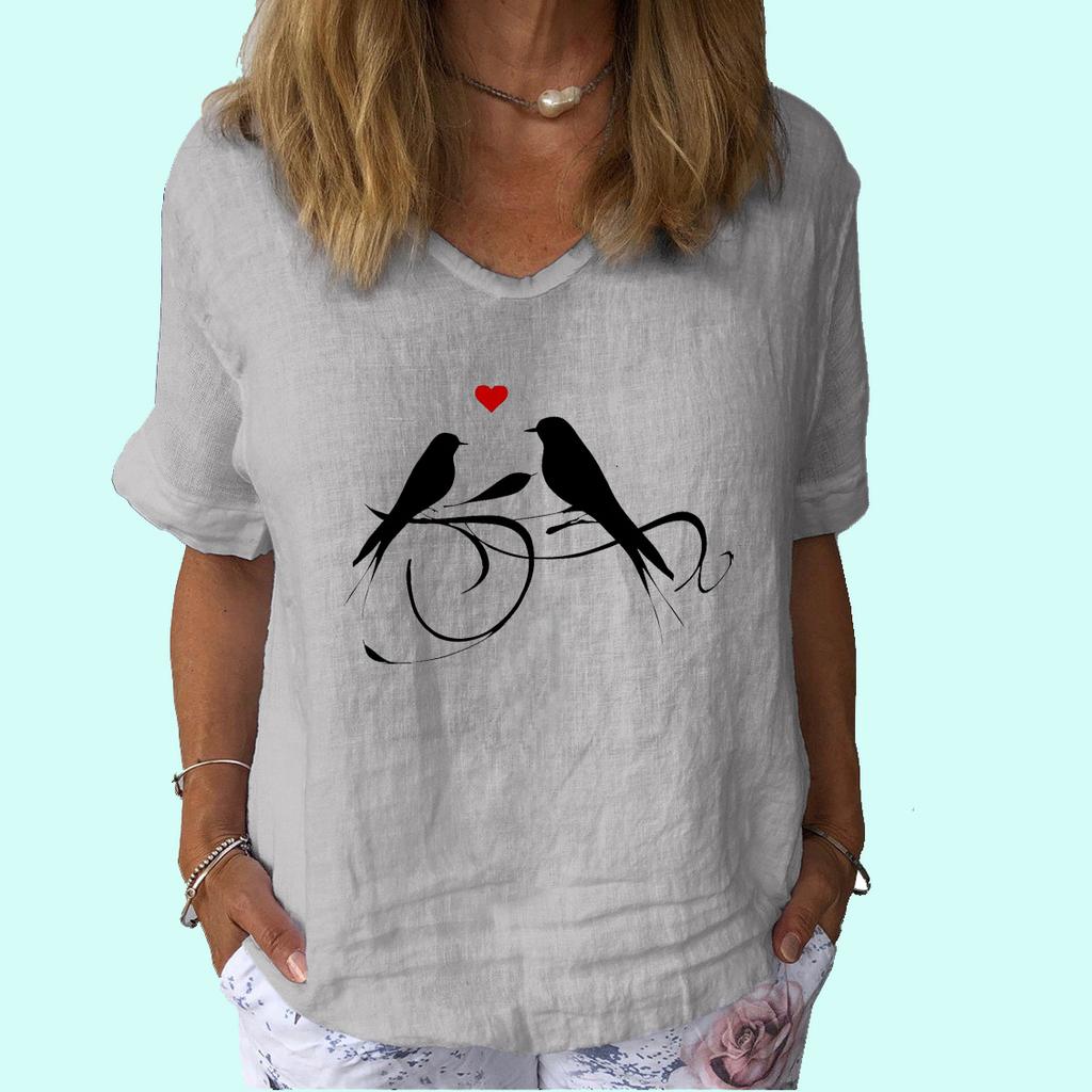 Women Fashion Short Sleeve Top Summer Casual V Collar Shirt Ladies Print Cotton Linen T-shirt