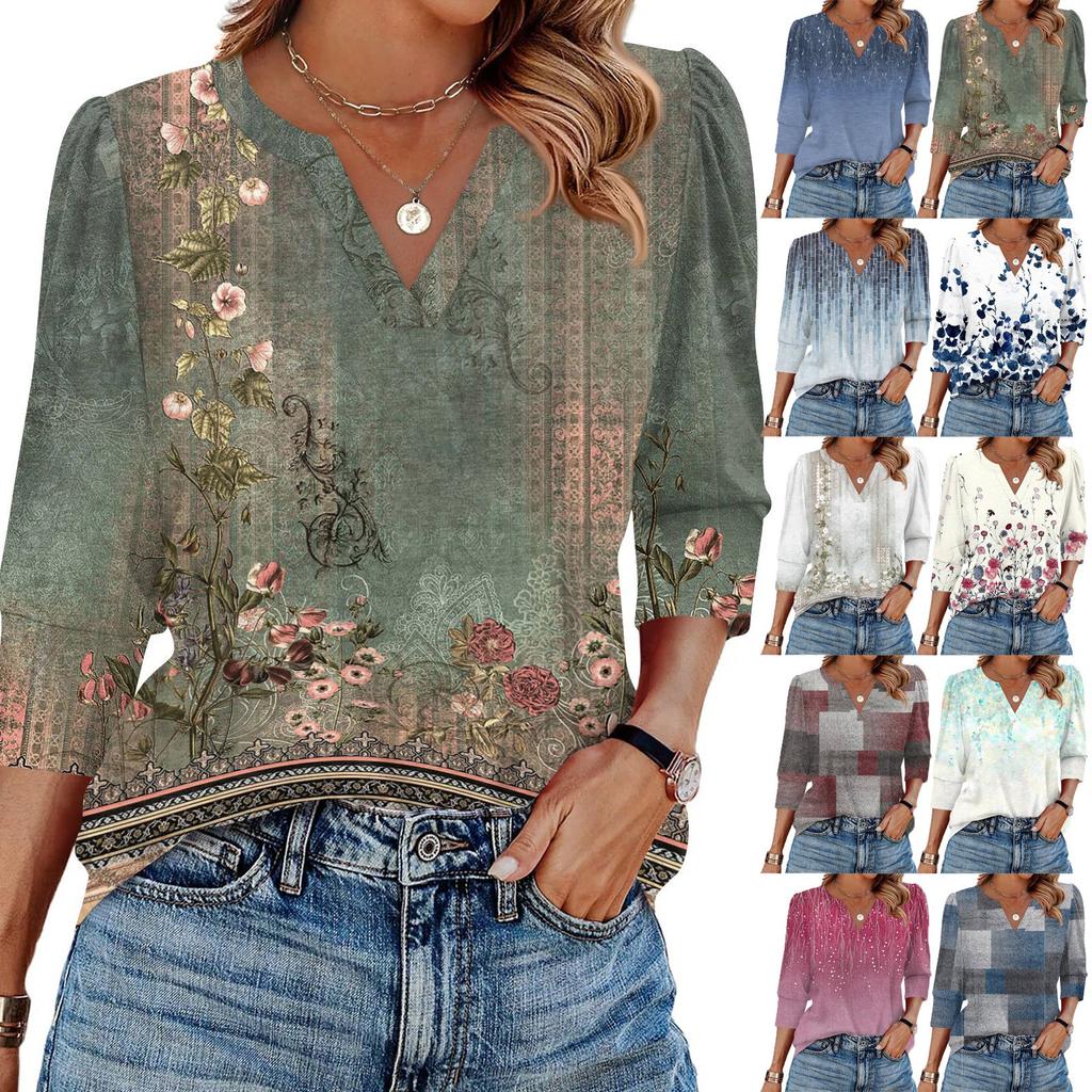 Women's Fashion Casual 3/4 Sleeve Print Shirt Women's V-Neck Tops