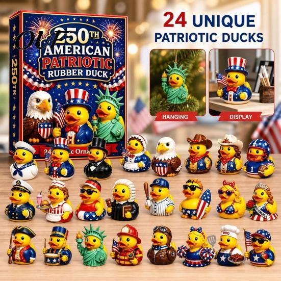 Kids Christmas Countdown Toys 2026 USA 250th Anniversary Rubber Duck Advent Calendar, 24-Day Patriotic Acrylic Surprise Gift Boxes Collection Box, 2D