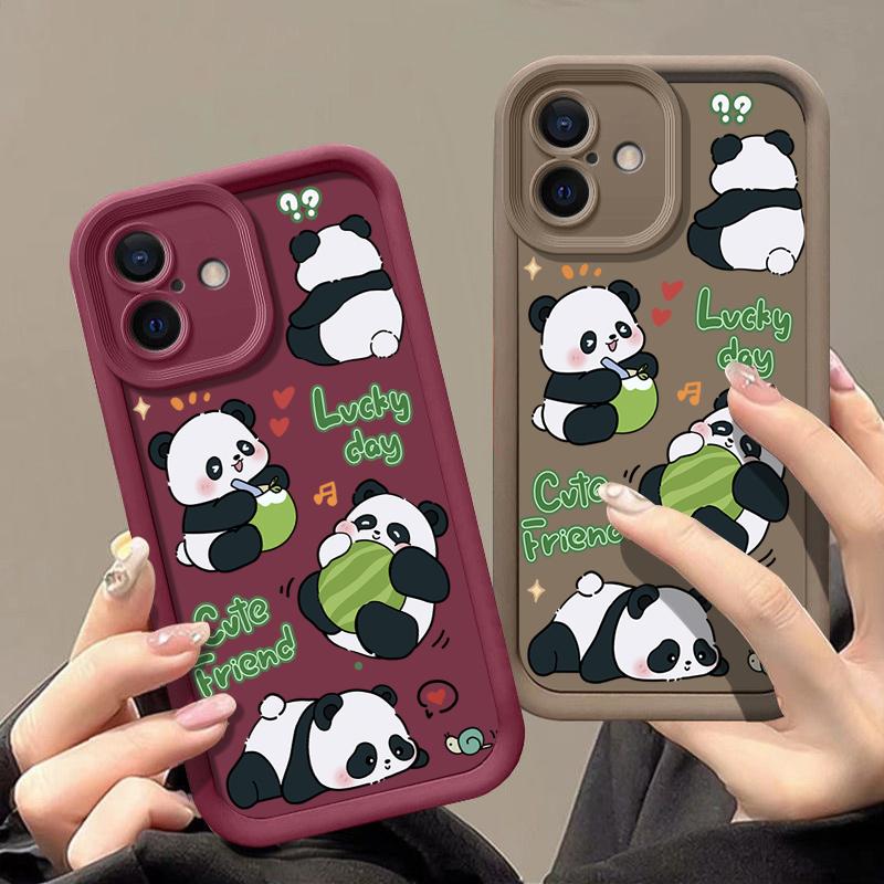 Lucky Panda Pattern Solid Color Shell для iPhone 16 Pro 15 14 Plus 13 12 Pro Max 11 Xs Xr 8 7 Ударопрочный мягкий TPU защитный чехол для объектива от падений