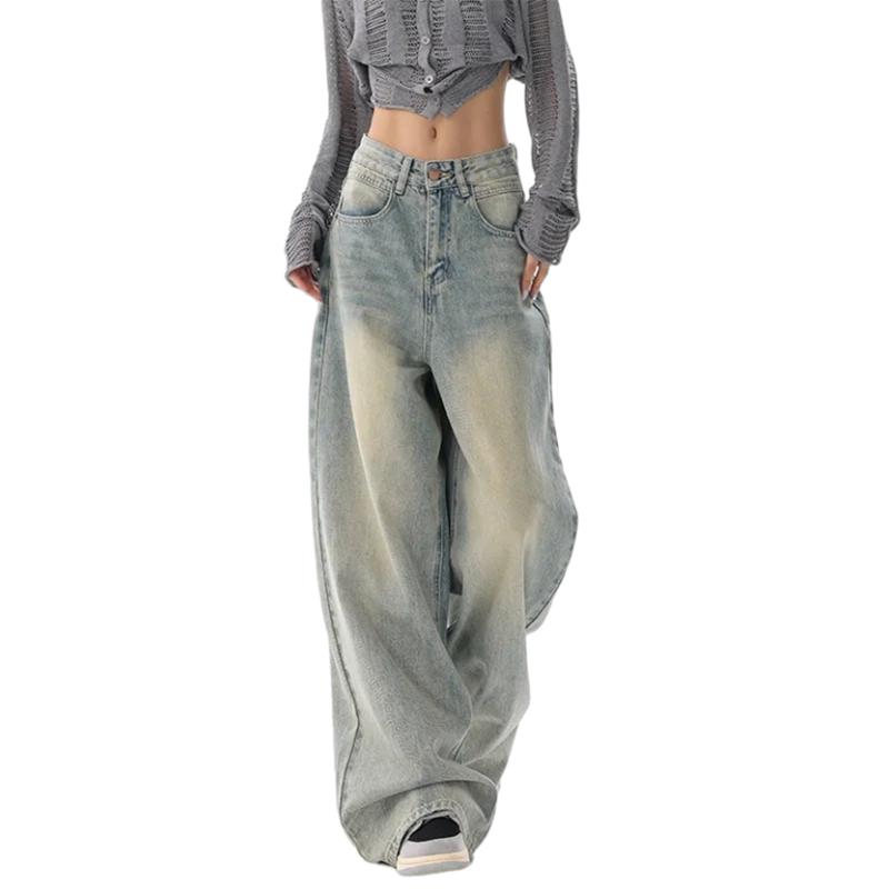 WTEMPO All Season American Retro High Waist Jeans Women Casual Loose Long Wide Leg Denim Pants with Pockets Streetwear