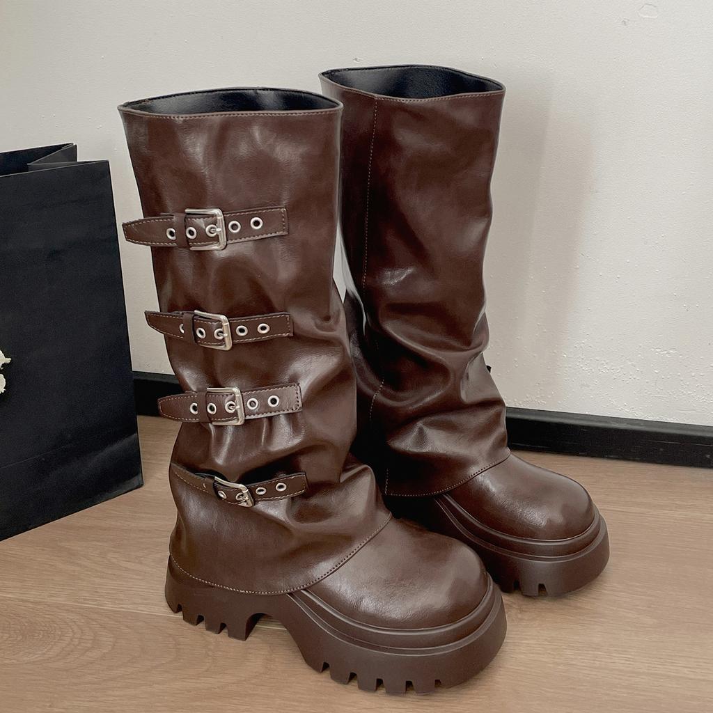 Женские сапоги до колена на платформе с толстым каблуком Тренд Панк Готика Новый Рок Кожаная модная женская обувь Мотоциклетная обувь