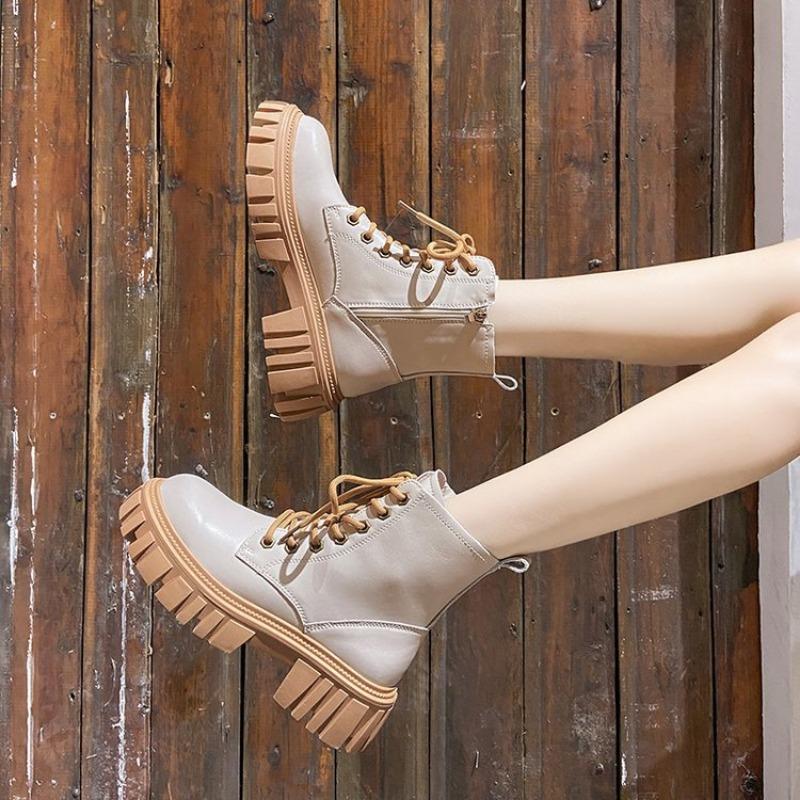 Европейские и американские короткие сапоги женские 2024 осень новые сапоги на толстой подошве толстые каблуки британский стиль плюшевые короткие сапоги zapatos mujer