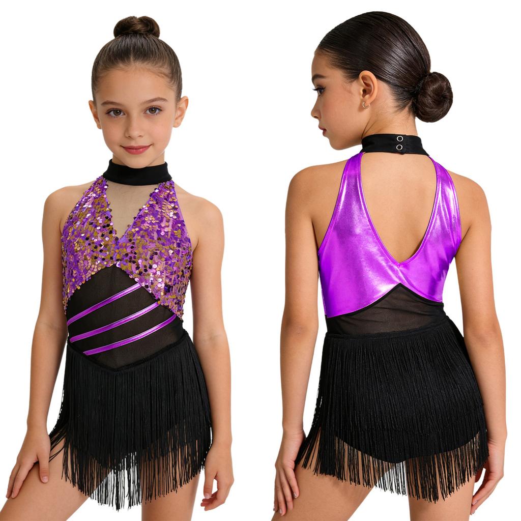 Kids Girls Cha-cha Salsa Latin Dance Costume Shiny Sequins Halter Sleeveless Mesh Waist Keyhole Metallic Back Tassels Leotard Dancewear