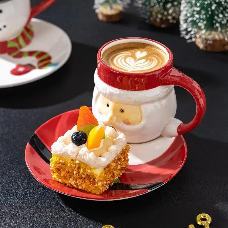 Santa Claus Snowman Ceramic Coffee Cup and Saucer Breakfast Milk Beverage Mug Exquisite Afternoon Tea Flower Tea Coffee Cup Gift