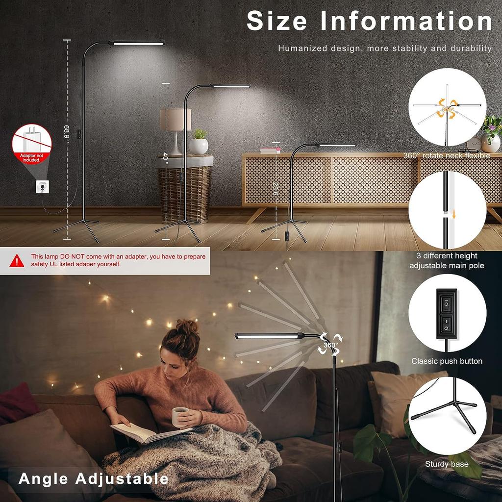 LED Floor Lamp 360° Flexible Gooseneck Warm Light White Light Adjustable Brightness 120 LED Beads Desktop Lamp Triangle Base