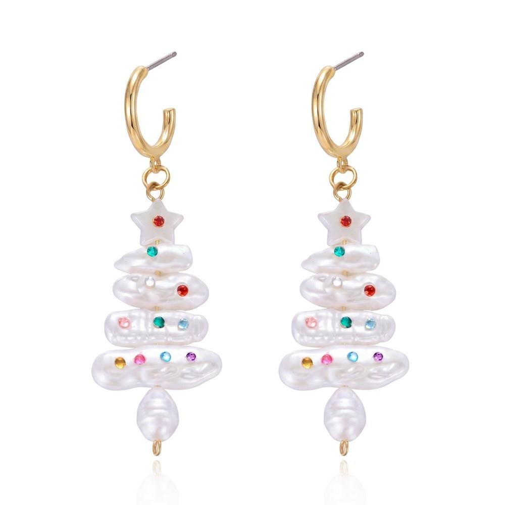 Imitation Pearl Christmas Tree Earrings Colorful Rhinestone Imitation Pearl Earrings Party