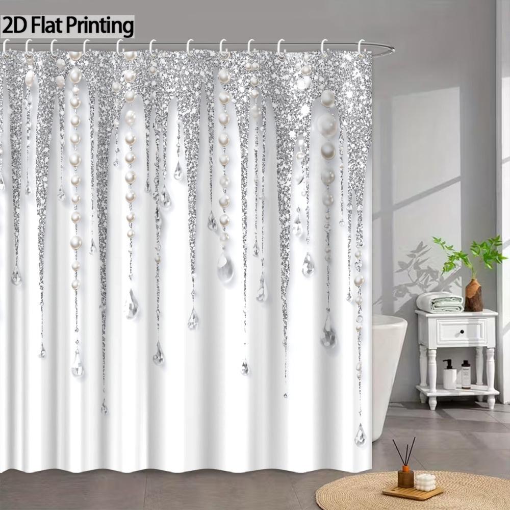 2D Flat, 2D Flat, 1pc a Stylish 2D Flat Shower Curtain Featuring a Shimmering Rain Design with Glitter Beads, Perfect for Bathro