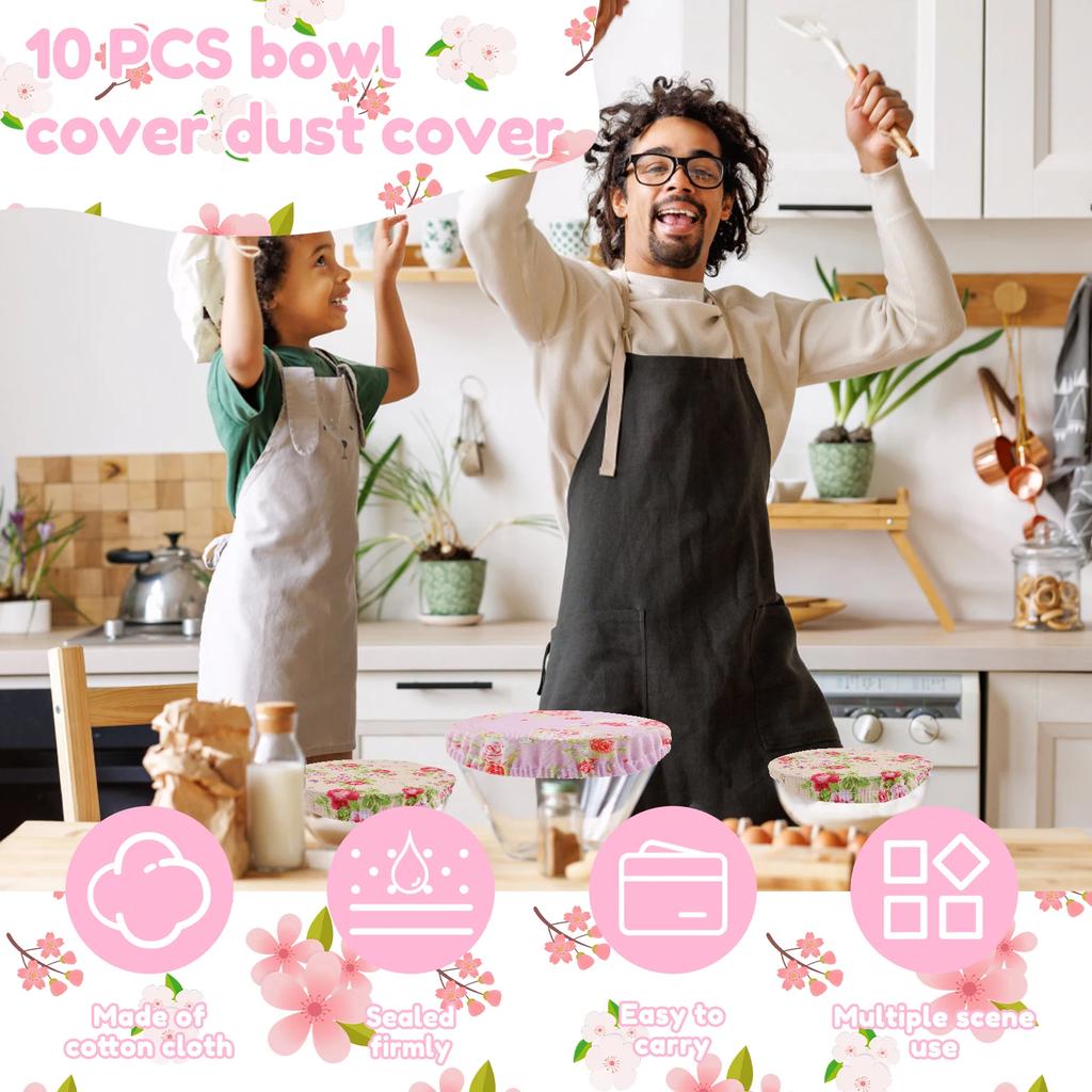 10Pcs Cloth Bowl Cover Stretch Lid Reusable Cotton Dust Cover Elastic Food Bowl Cover Portable Bowl Top Cover for Picnic Home