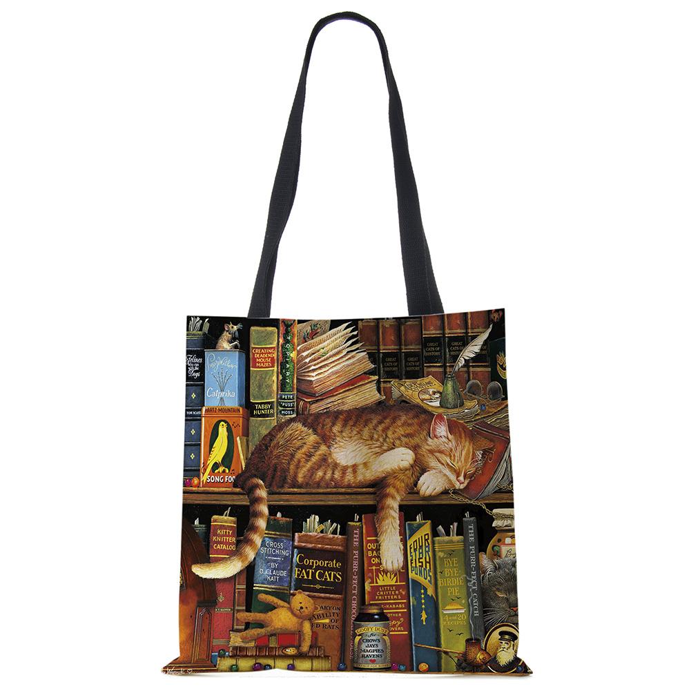 Женские дизайнерские большие сумки с принтом кота на заказ, льняная многоразовая сумка для покупок, сумки на плечо для женщин, 2020