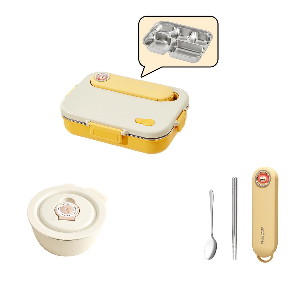 4/5 Grids Portable Bento Box With Bowl & Cutlery 304 Stainless Steel Divided Lunch Box Microwave Heatable Lunch Container Set