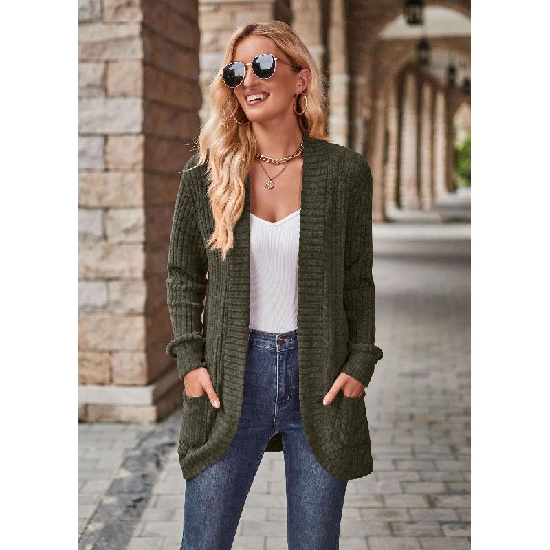 2026 Autumn New Women's Solid Color Ribbed Brushed Casual Long-Sleeve Cardigan Jacket