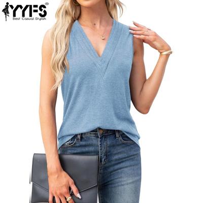 Женские модные повседневные летние весенние однотонные блузки и рубашки без рукавов с v-образным вырезом и принтом