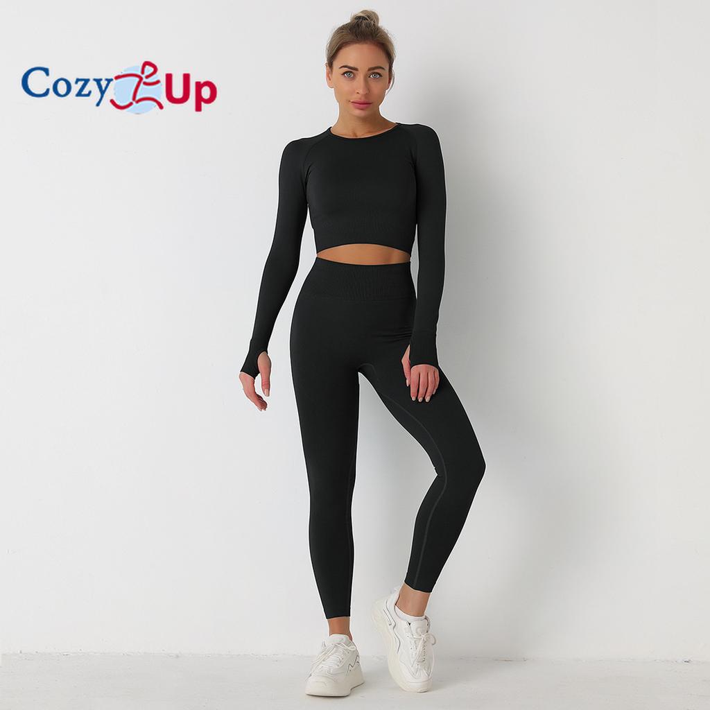 Cozy Up Тренировочные комплекты для женщин из 2 предметов для занятий йогой, бесшовные ребристые леггинсы с топами с длинными рукавами
