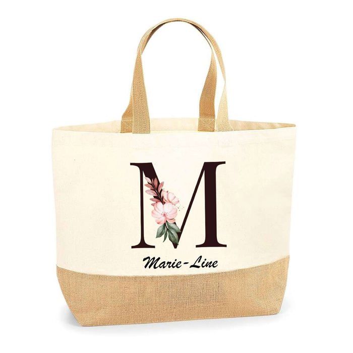 Tote bag en jute - PLANETEE - Marie-Line Lettre Fleur - Jute naturel - Multicolore - Poignées solides