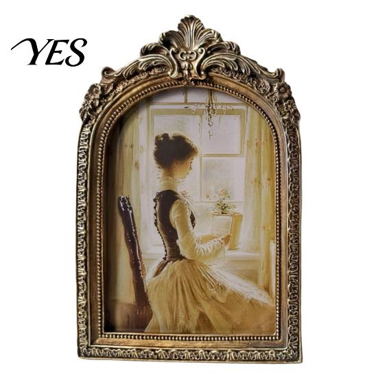 Bohemian Style Picture Frame Large Vintage Frame, Retro Arched Photo for Tabletop/Wall Home Decor Mounting, Embossed Resin Display Stand European