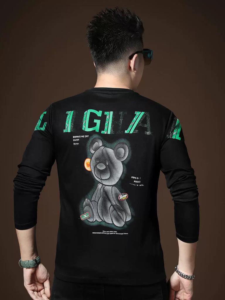 European Station 2025 New Trendy Brand Bear Print Long-Sleeve T-Shirt Men's Autumn Casual Round-Neck Base Shirt Tee