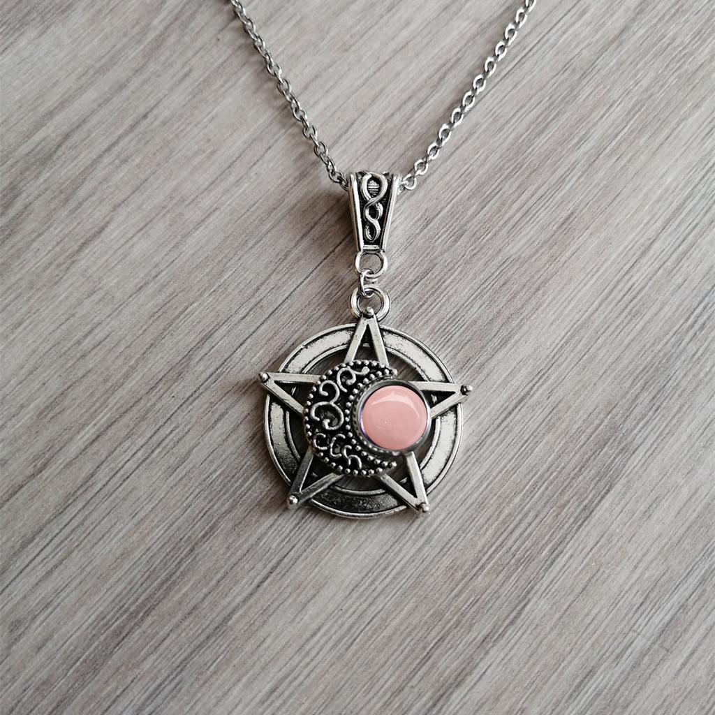 Charm Gothic Silver Color Five-pointed Star Hollowed-out Crescent Purple Crystal Pendant Necklace for Women Halloween Jewelry