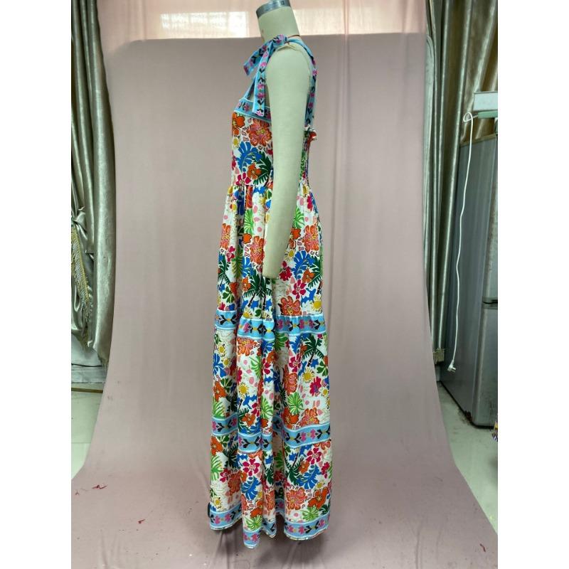 Женские летние свободные платья без рукавов с высокой талией и ботаническим принтом через шею