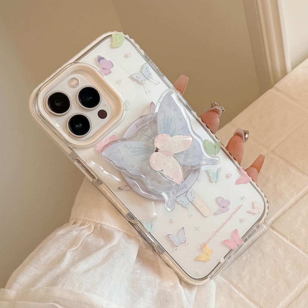 Свежий Красочный Бабочка 16promax Прозрачный Чехол для Мобильного Телефона iPhone 15 Подходит для 13 Вращающийся Магнитный Кронштейн