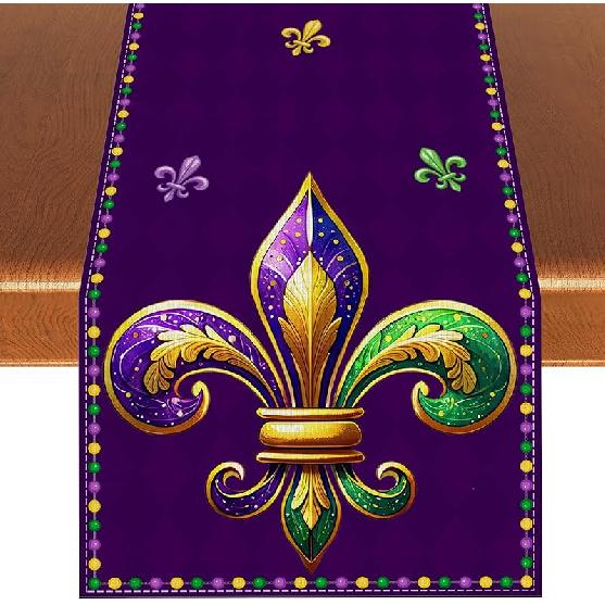 Mardi Gras Table Runner Purple Iris Fleur De Lis Tablecloth Fat Tuesday Brazil Carnival Masquerade Party Birthday Decorations and Supplies for Home