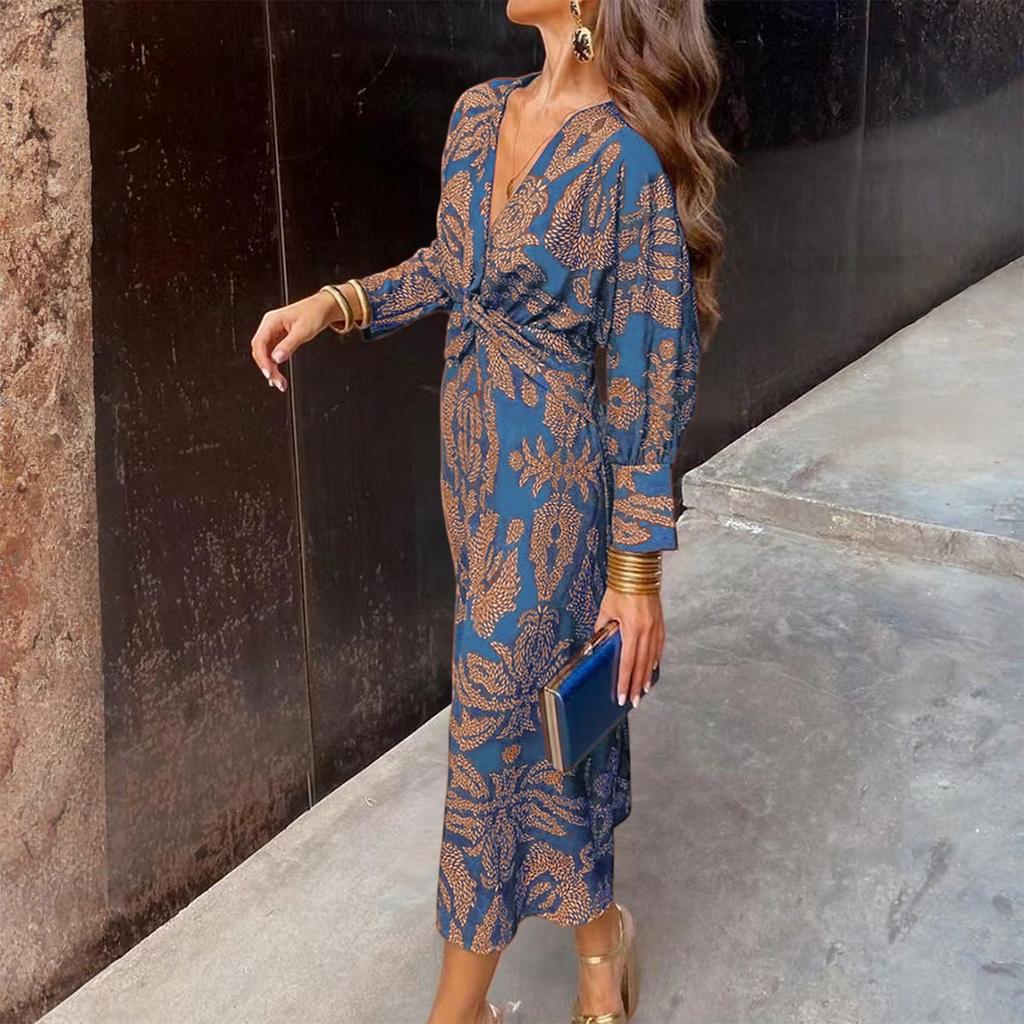 Ladies' Loose Comfortable Fashionable Casual Floral Print Long Sleeved Long Dress V-neck Dress