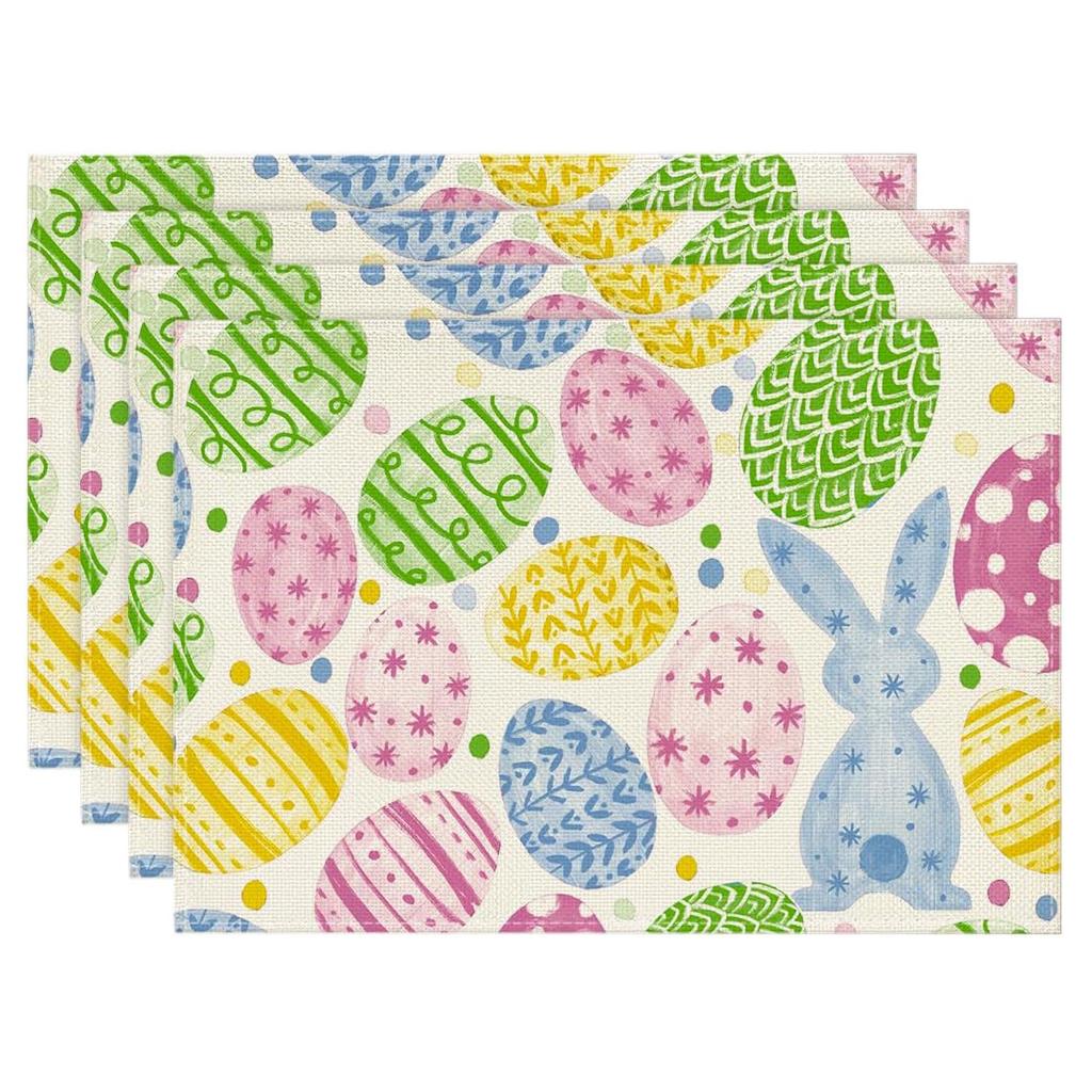 4/6pcs Joyful Easter Blue Bunny Rabbit Eggs Table Mats, Seasonal Spring Holiday Dining Additions for Party Kitchen Decoration 12X18 Inch