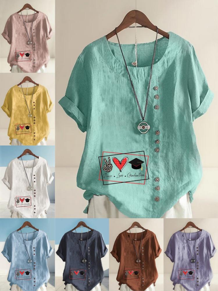 Women's Fashion Love Print Shot Sleeve T-shirt Loose Cotton Shirt Casual Loose Summer Blouse Tops Plus Size