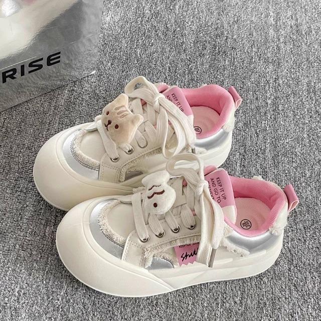 Fashion Korean-style 2025 Spring Women's Dopamine Bow Platform Sneakers - Chunky White Bread Shoes Cute & Versatile Thick-Sole Summer