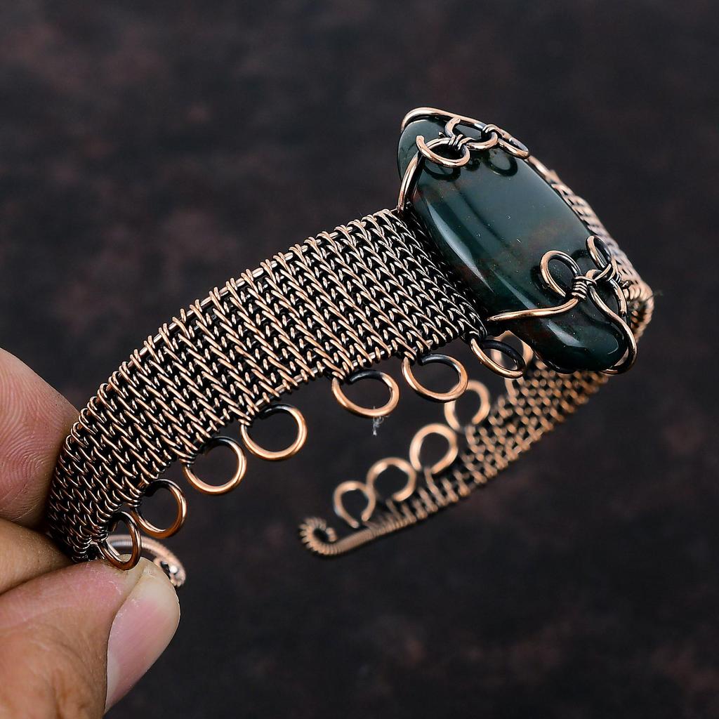 Браслет из медной проволоки с кровавым камнем, браслет-манжета ручной работы, браслет из натурального драгоценного камня, браслет из медной проволоки, подарок для нее, регулируемый браслет