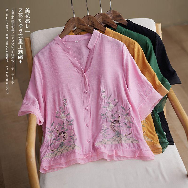 Летняя новая хлопково-льняная рубашка с коротким рукавом, ретро вышивкой, V-образным вырезом, свободный и тонкий топ, женская одежда