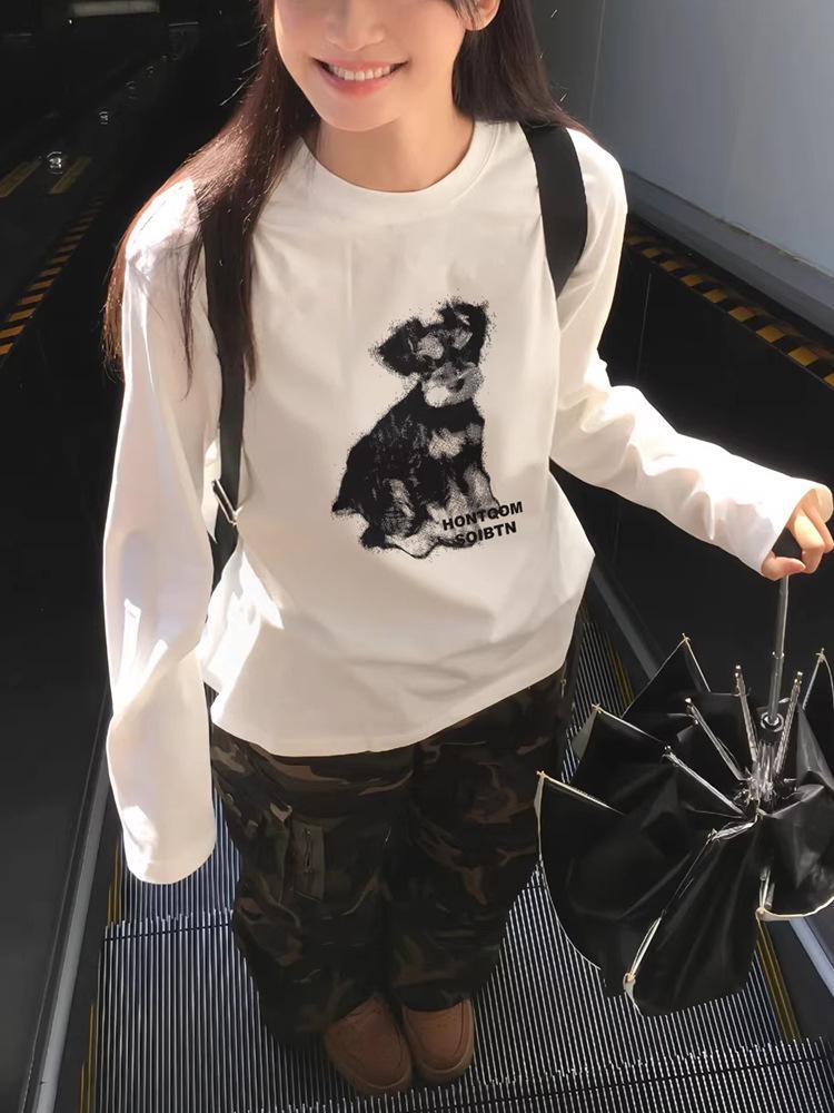 Women's Versatile White Cotton Long Sleeve Puppy Cartoon T-Shirt