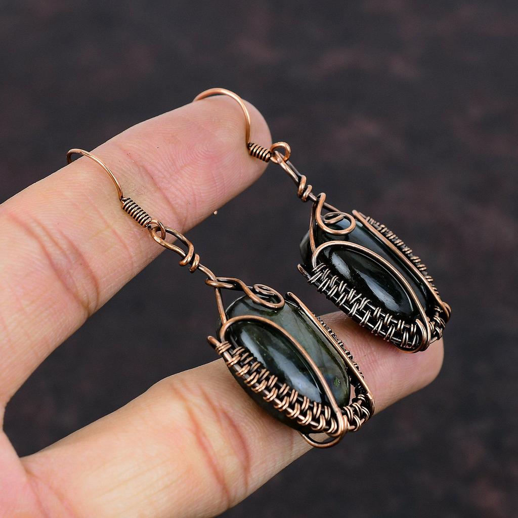 Лабрадорит Серьги Медная проволока Обернутые серьги Драгоценные камни Ювелирные изделия Серьги ручной работы Медная проволока Обернутые украшения Подарок для мамы Дизайнерские серьги