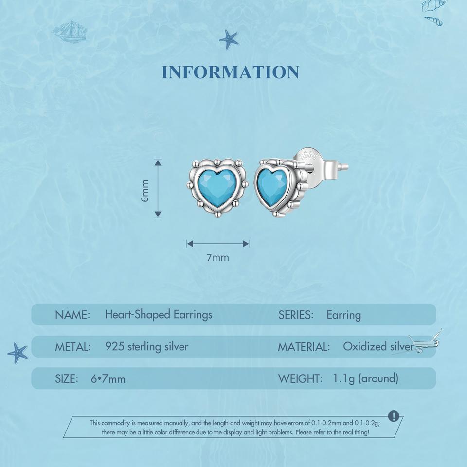 WOSTU Серьги-гвоздики в форме сердца из стерлингового серебра 925 пробы, синие бирюзовые мини-серьги Love для женщин, оригинальный дизайн, ювелирные изделия