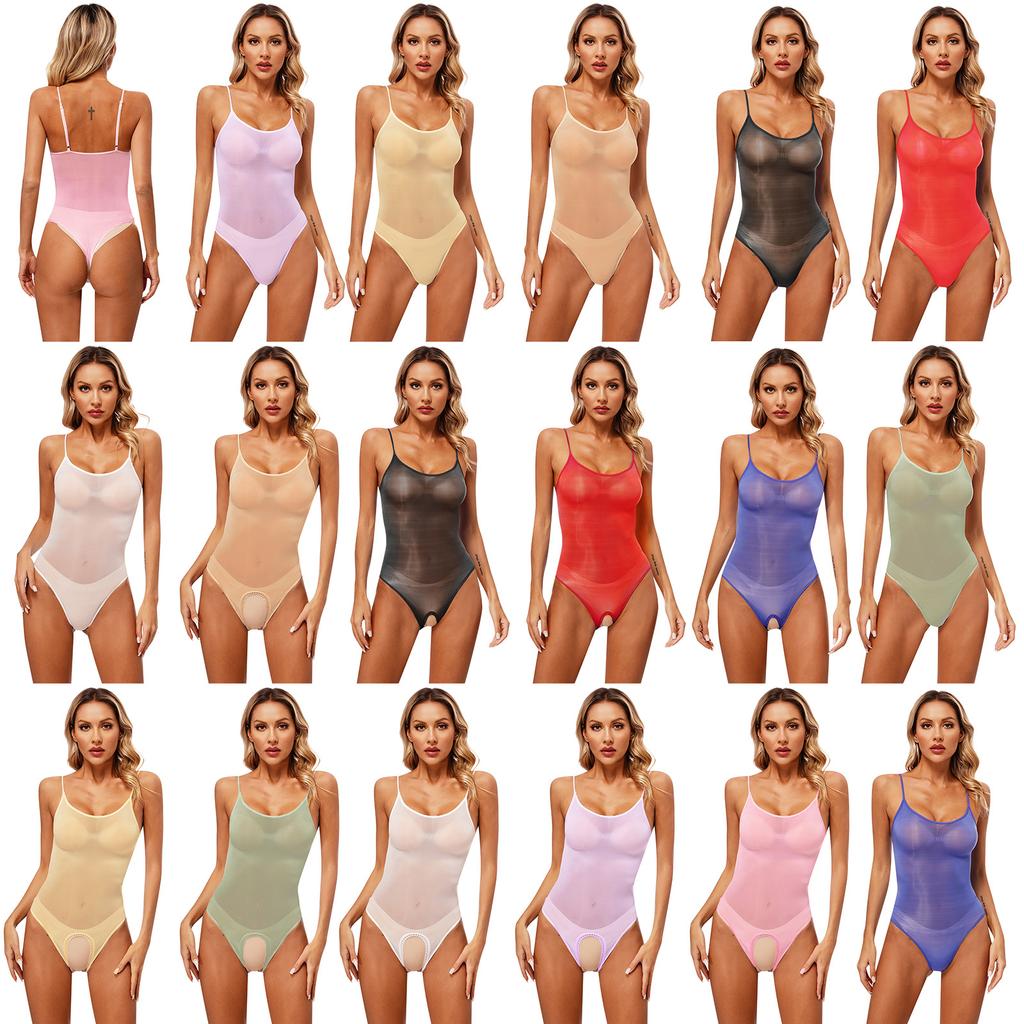 Womens Glossy Sling Bodysuit Adjustable Strap See Through Lingerie Stretchy High Cut Bodycon Lingerie