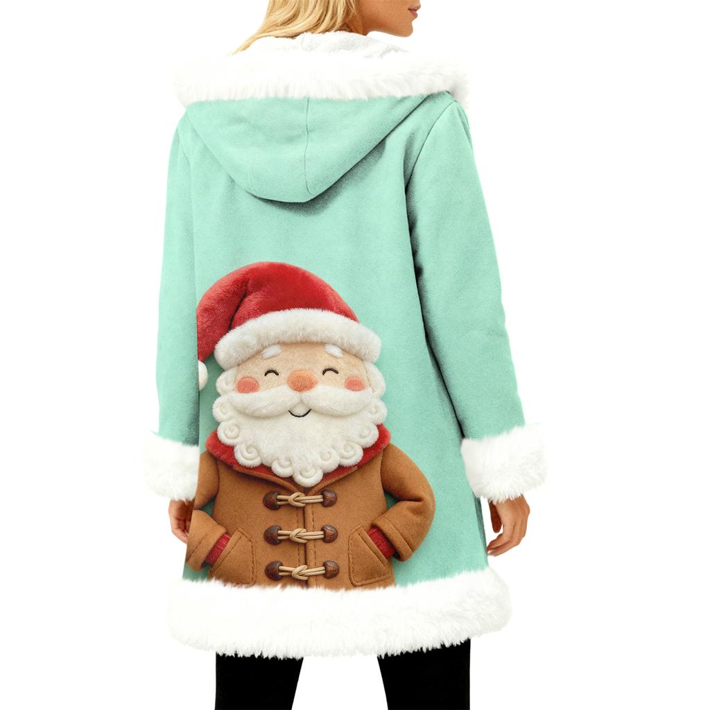Unisex Casual And Fashionable Plush Collar Hooded Long Sleeved Christmas Printing Jacket