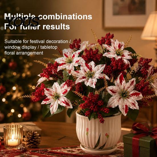 Vibrant Lush Fake Plant Decor 5/7/10/12 Heads Artificial Poinsettia Flowers, Christmas Floral Berry Centerpiece, Dieffenbachia Plants