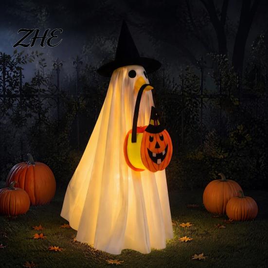 Light Up Halloween Outfit Glowing Ghost Costume with Witch Hat & Pumpkin Tote Bag, LED Theme Party Fabric for Kids, Spooky Cosplay And Yard Decoration