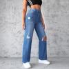 Straight Jeans Women's Pant Washed and Torn Holes Non-stretch Wide-leg Trousers