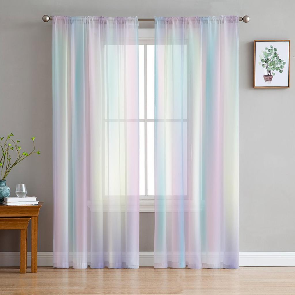 Candy Rainbow Stripes Sheer Voile Curtains for Living Room Printed Tulle Window Curtain Luxury Home Balcony Decor Drapes