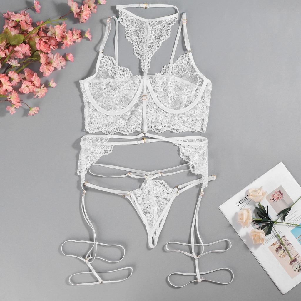 Порно женский комплект сексуального нижнего белья, кружевное нижнее белье, одежда для сна с лямкой на шее и подвязками, интимное эротическое белье, секс-костюмы, комплект с бюстгальтером