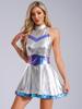 Women Carnival Rave Party Suit Space Astronaut Alien Robot Cosplay Costume A-line Mini Dress for Halloween Theme Party