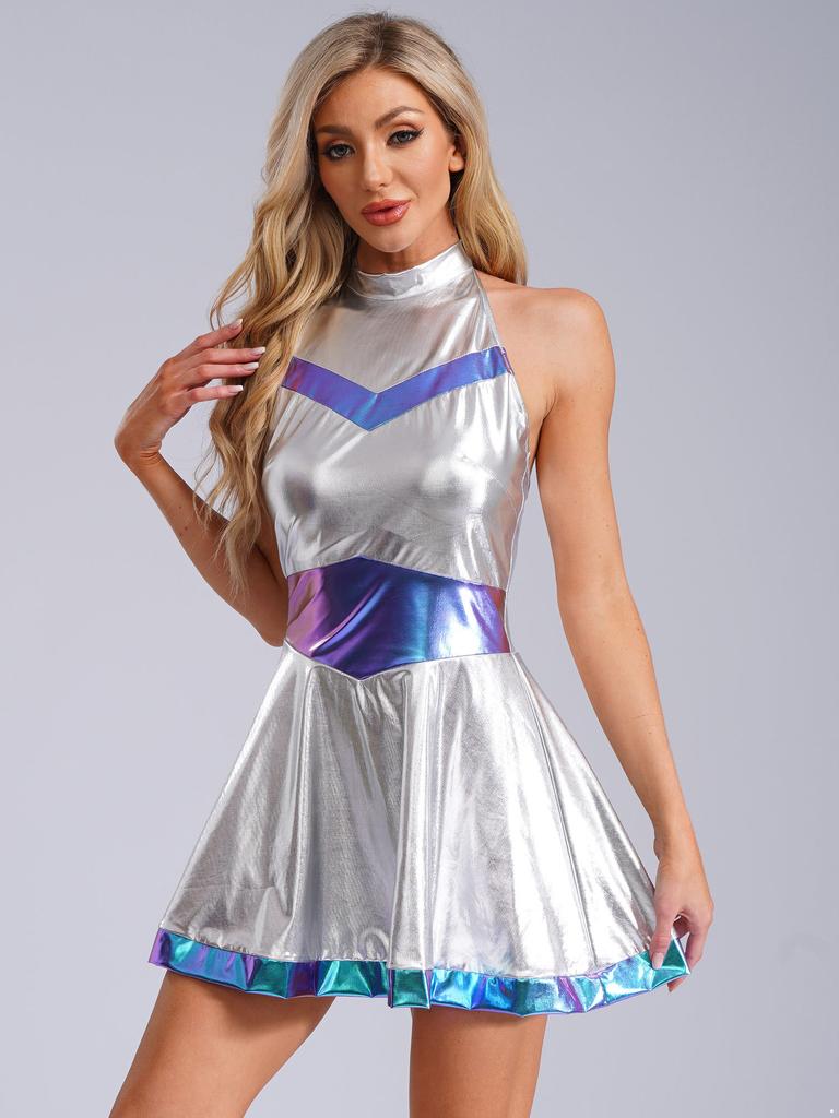 Women Carnival Rave Party Suit Space Astronaut Alien Robot Cosplay Costume A-line Mini Dress for Halloween Theme Party