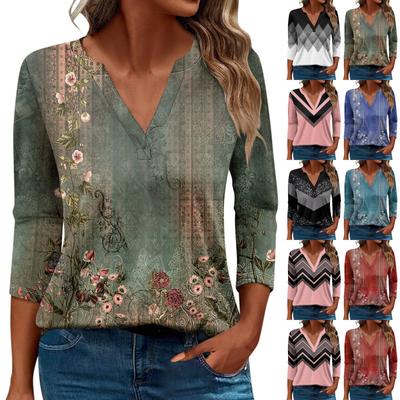 Женская футболка Футболка с принтом Рукав 3/4 Повседневные Выходные Мода Базовый V-образный вырез Обычный топ
