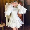 Elegant Ruffles Single Breasted Ruffles Mini Dress Women Flared Sleeve High Waist O-neck Dresses 2025 Lady Party Gowns New
