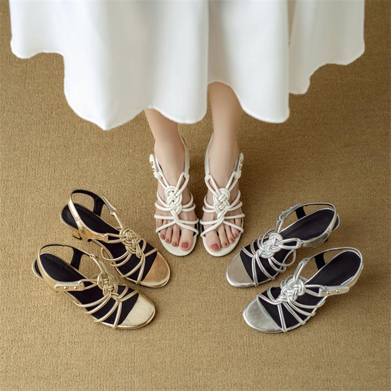 Fashion New Summer Sandals Split Leather Sandals for Women Fashion Round Toe High Heels Sandals Ladies Shoes Golden Gladiator Shoes