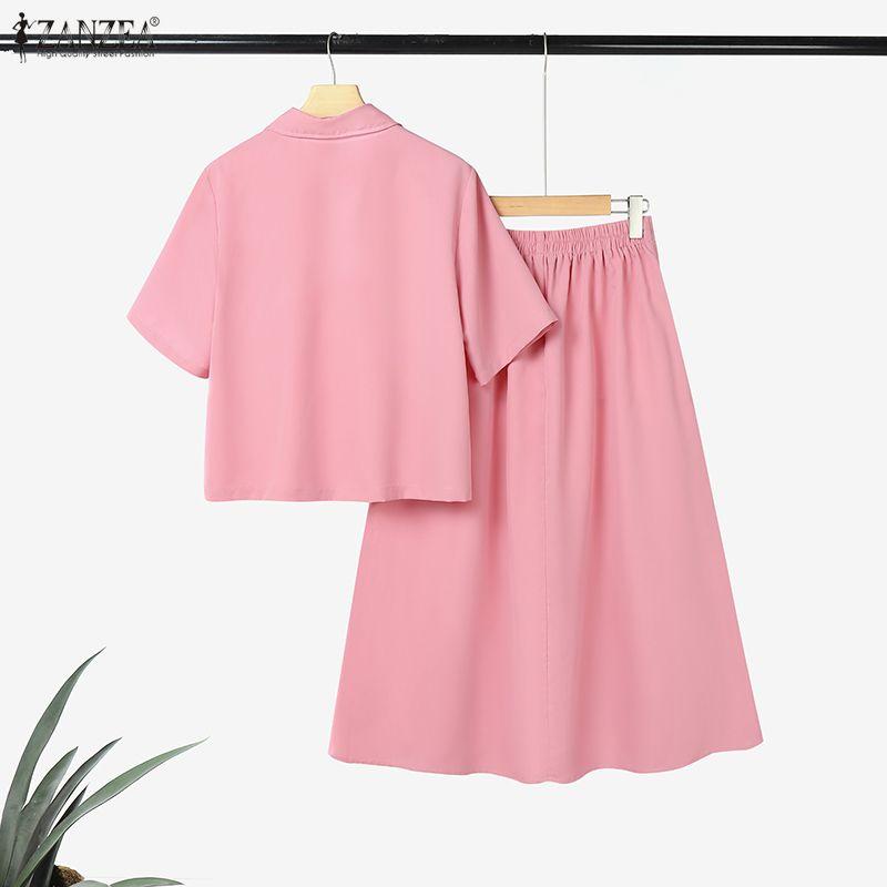 ZANZEA Женские блузки с коротким рукавом и юбки, летние комплекты из двух частей